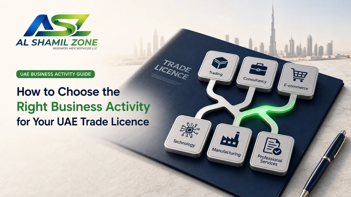 UAE trade licence with six business activity categories and one selected pathway