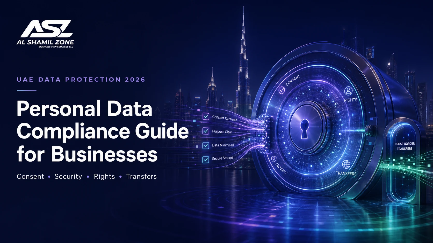Digital data vault representing UAE consent, personal data security, individual rights and cross-border transfer compliance