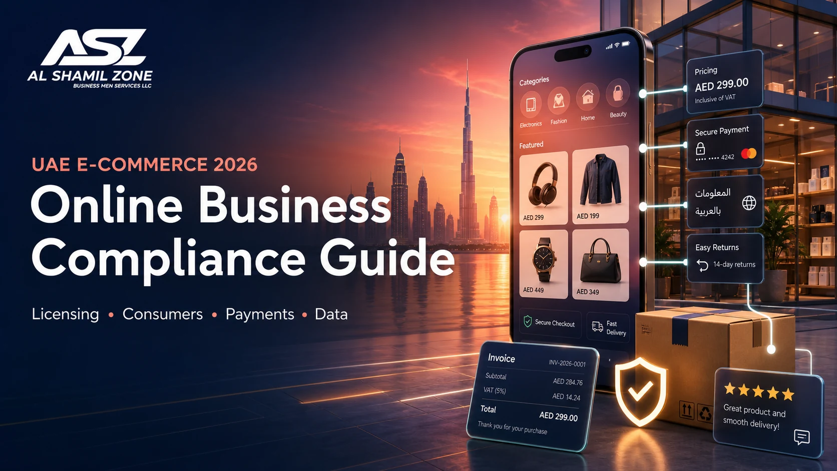 UAE online store showing transparent pricing, secure payment, Arabic information, digital invoicing, returns and customer reviews