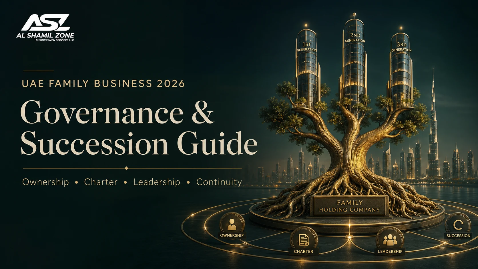 Golden family business tree growing into three generations of business towers with ownership, charter, leadership and succession pathways
